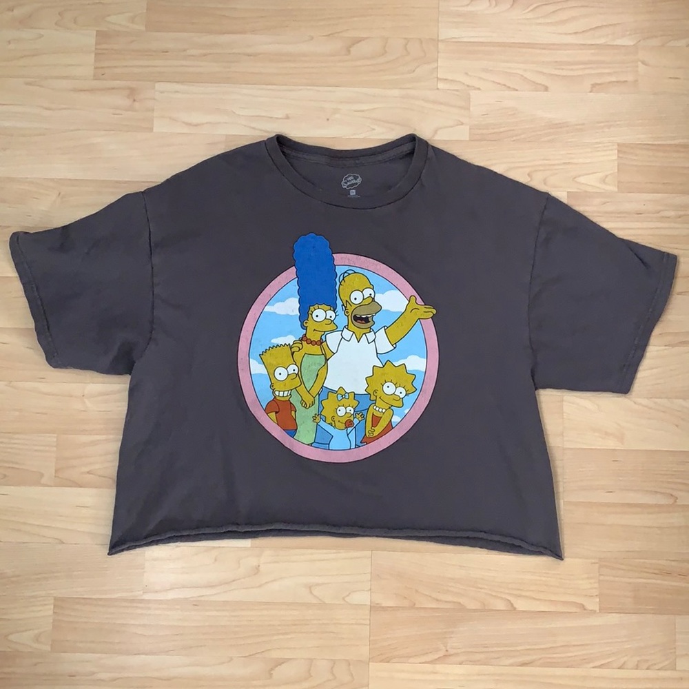 The Simpsons Family Photo Gray Silk Screen Crop Top T-Shirt Size Large EUC